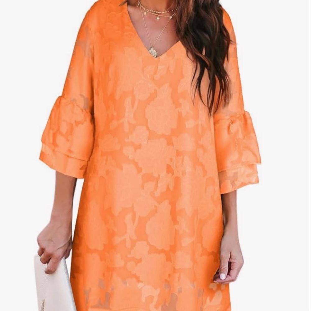 🌴 🆕  BELONGSCI Shift Design Dress V-Neck 3/4 Bell Sleeve. Orange. Size M.  NWT.